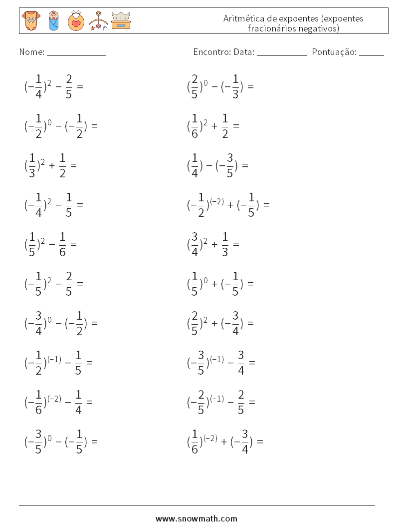  Aritmética de expoentes (expoentes fracionários negativos) planilhas matemáticas 2