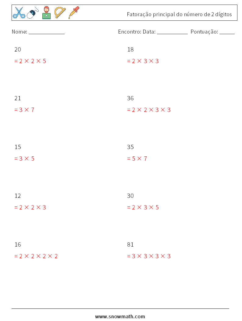 Fatoração principal do número de 2 dígitos planilhas matemáticas 6 Pergunta, Resposta