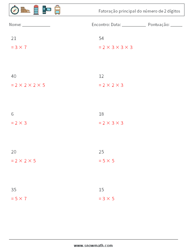 Fatoração principal do número de 2 dígitos planilhas matemáticas 7 Pergunta, Resposta