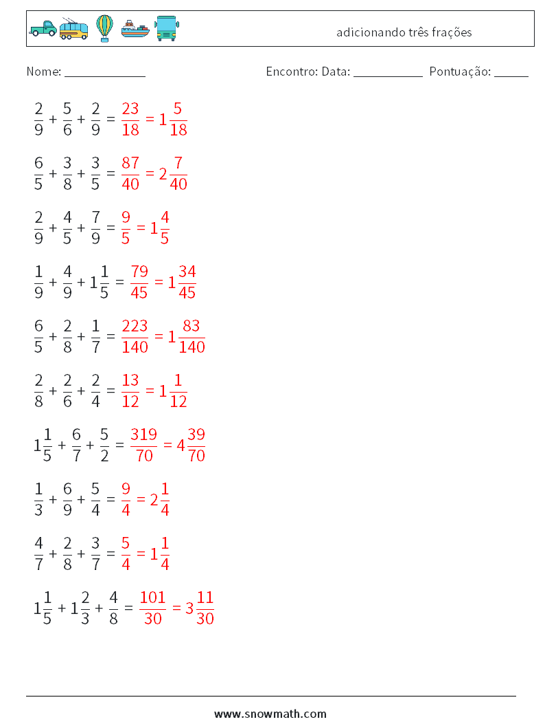 (10) adicionando três frações planilhas matemáticas 10 Pergunta, Resposta