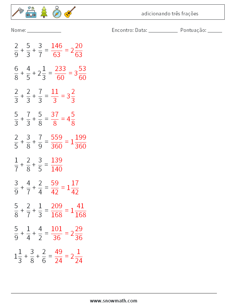 (10) adicionando três frações planilhas matemáticas 11 Pergunta, Resposta