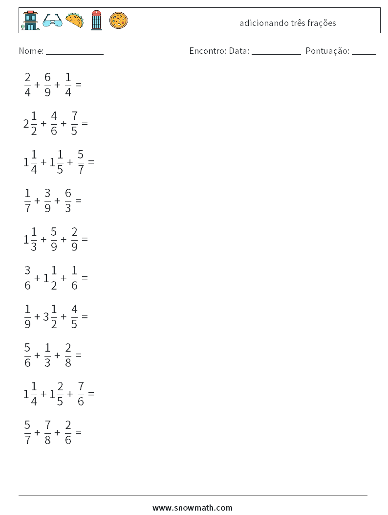 (10) adicionando três frações planilhas matemáticas 16