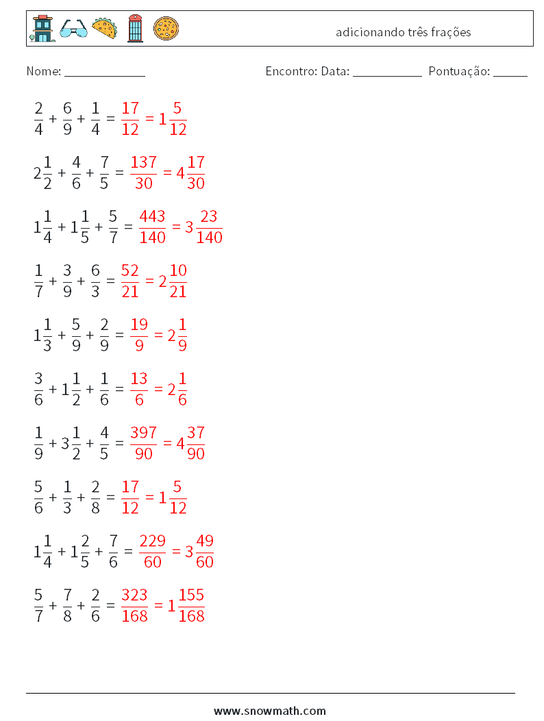 (10) adicionando três frações planilhas matemáticas 16 Pergunta, Resposta