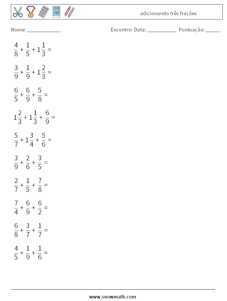 (10) adicionando três frações planilhas matemáticas 17