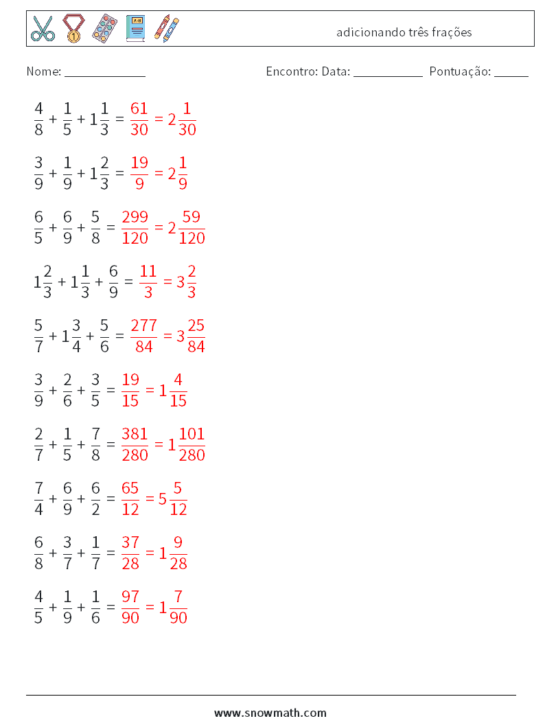 (10) adicionando três frações planilhas matemáticas 17 Pergunta, Resposta