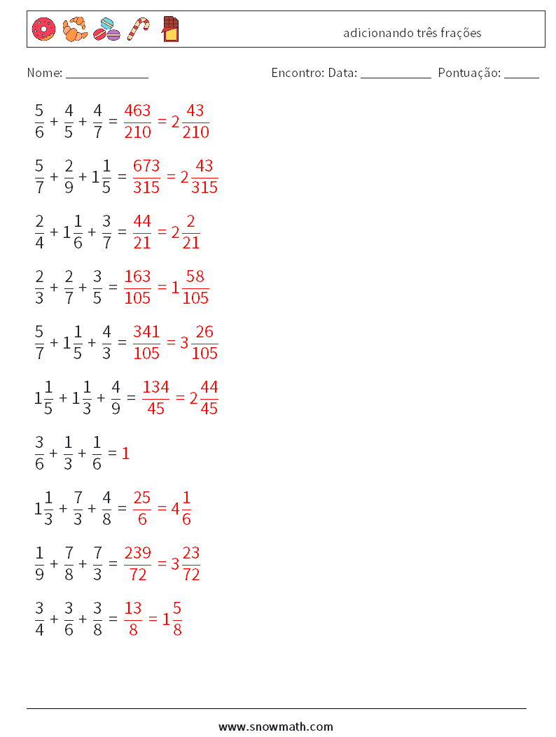 (10) adicionando três frações planilhas matemáticas 2 Pergunta, Resposta
