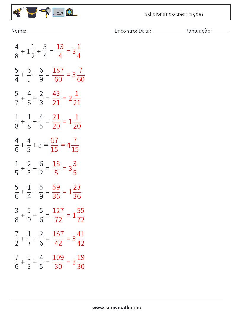 (10) adicionando três frações planilhas matemáticas 3 Pergunta, Resposta