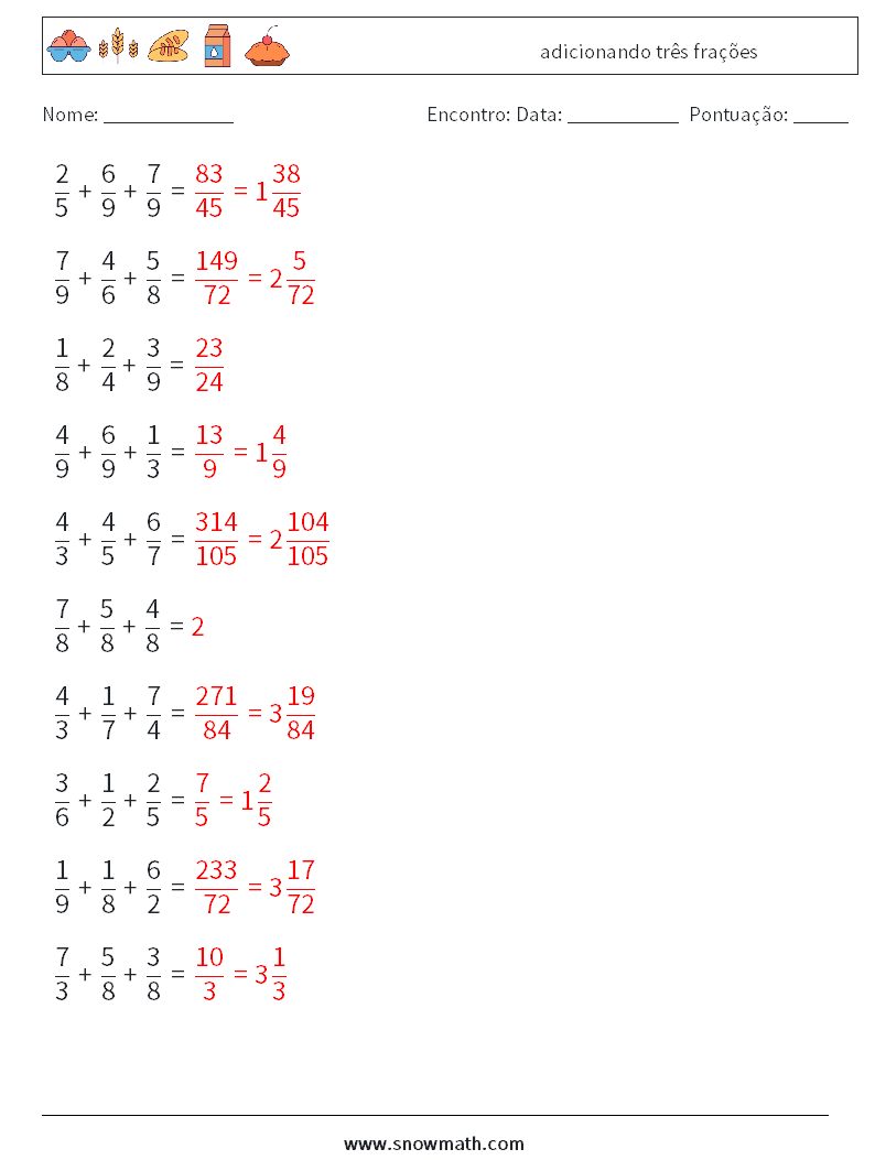 (10) adicionando três frações planilhas matemáticas 5 Pergunta, Resposta