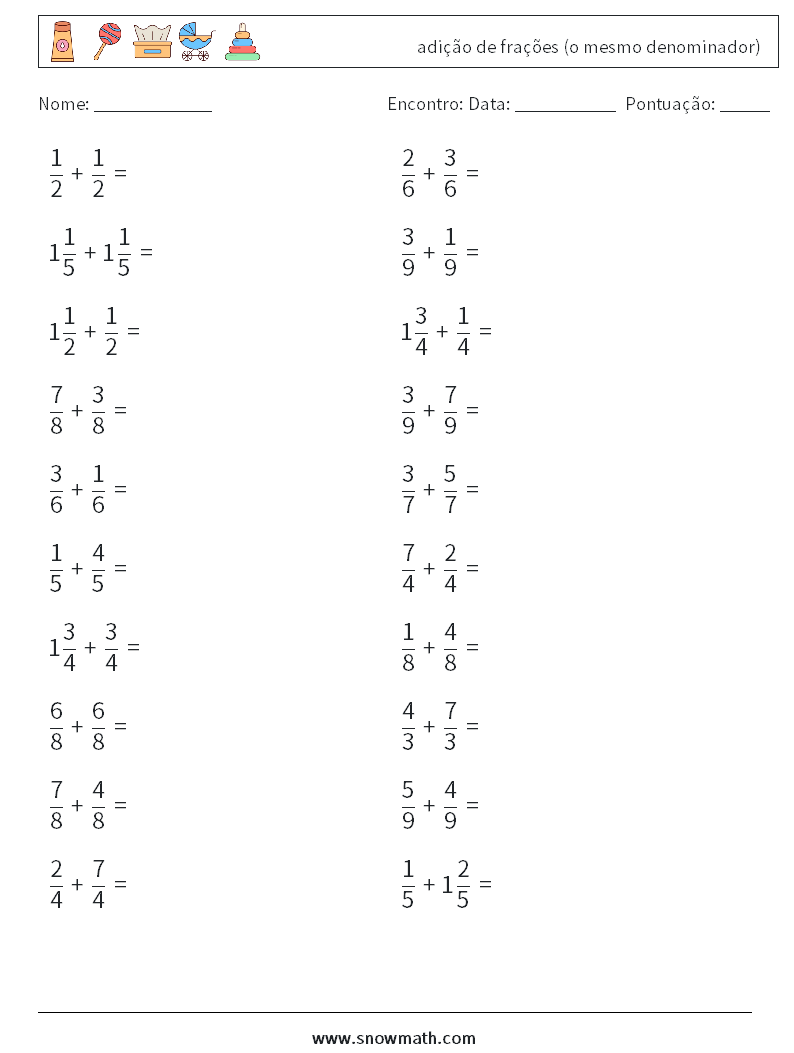 (20) adição de frações (o mesmo denominador) planilhas matemáticas 10