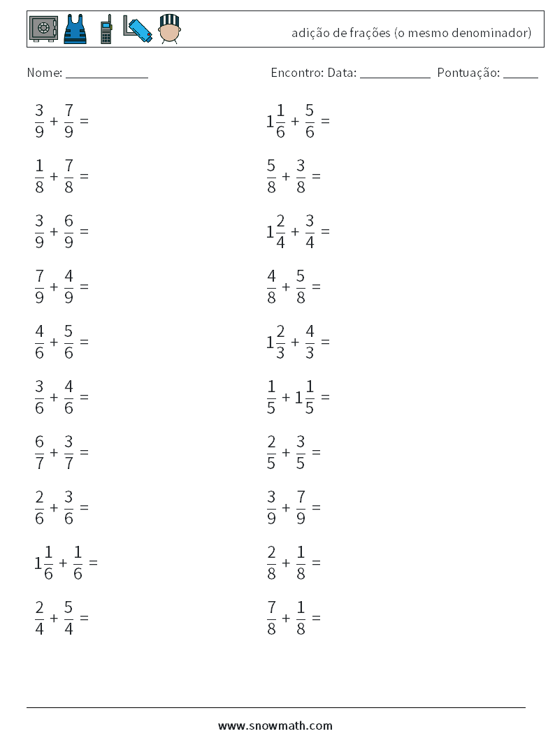 (20) adição de frações (o mesmo denominador) planilhas matemáticas 11