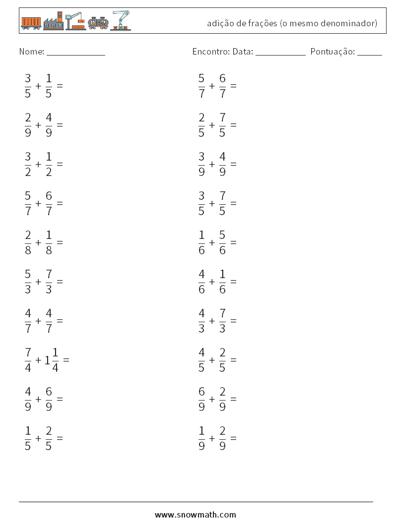 (20) adição de frações (o mesmo denominador) planilhas matemáticas 12