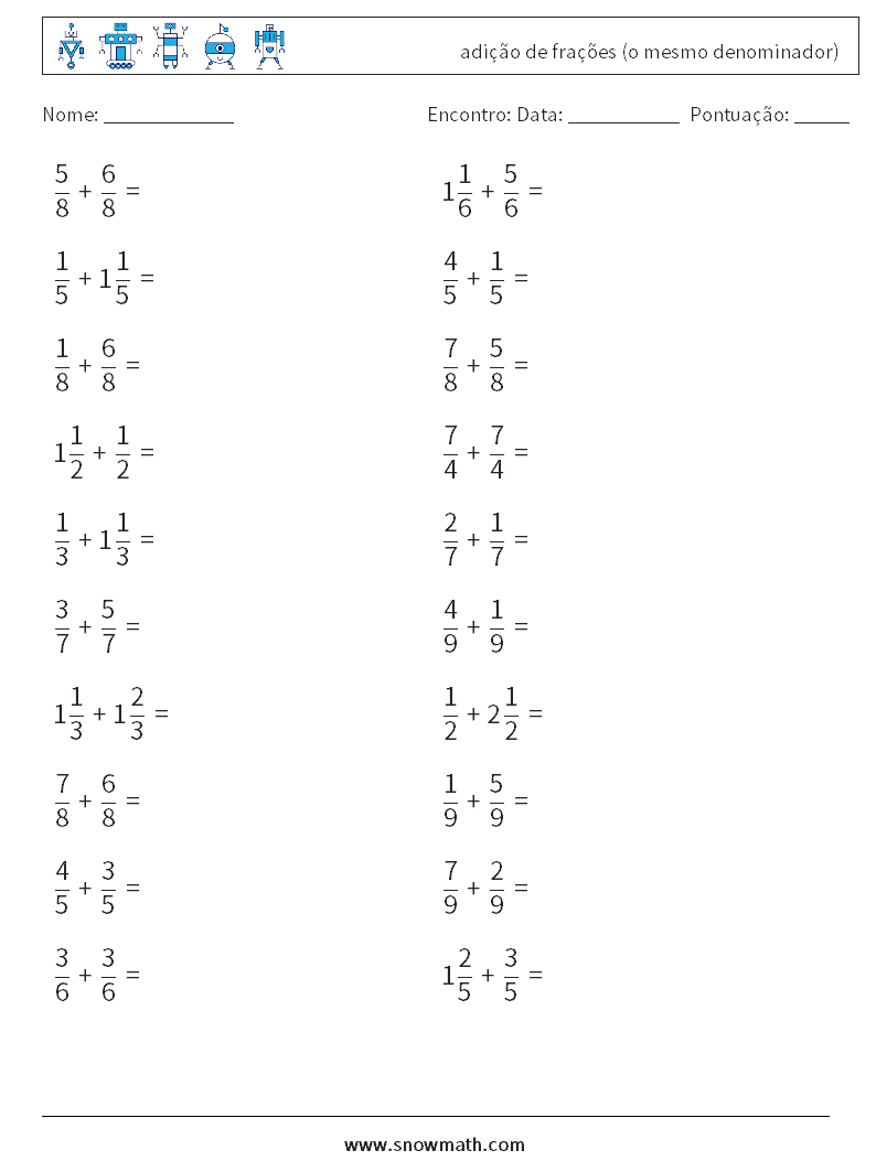 (20) adição de frações (o mesmo denominador) planilhas matemáticas 13