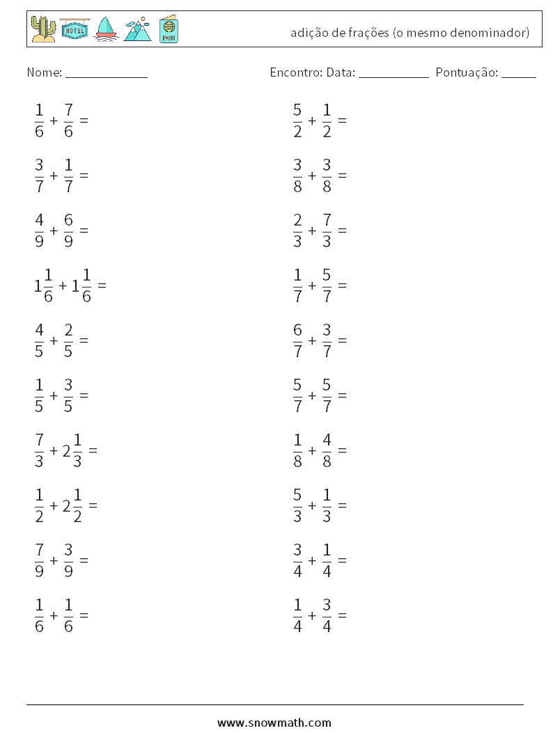 (20) adição de frações (o mesmo denominador) planilhas matemáticas 14