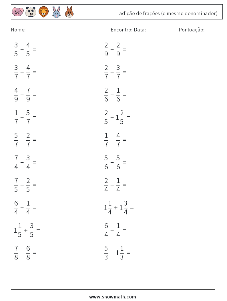 (20) adição de frações (o mesmo denominador) planilhas matemáticas 15