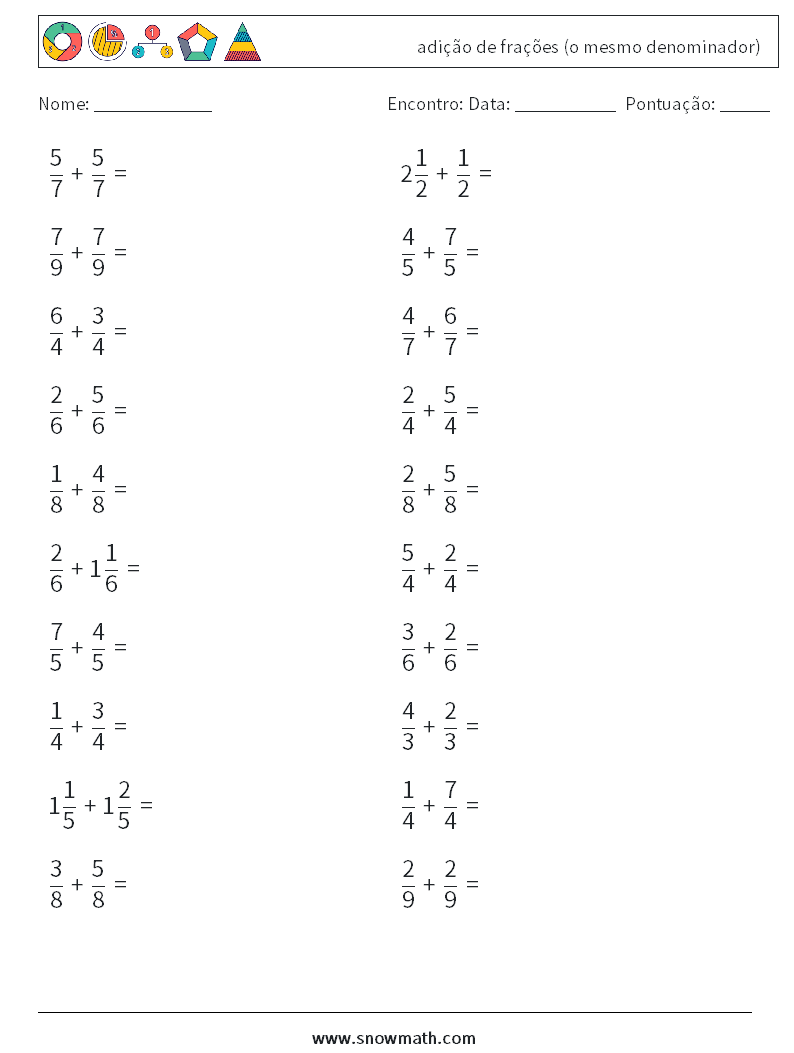 (20) adição de frações (o mesmo denominador) planilhas matemáticas 16