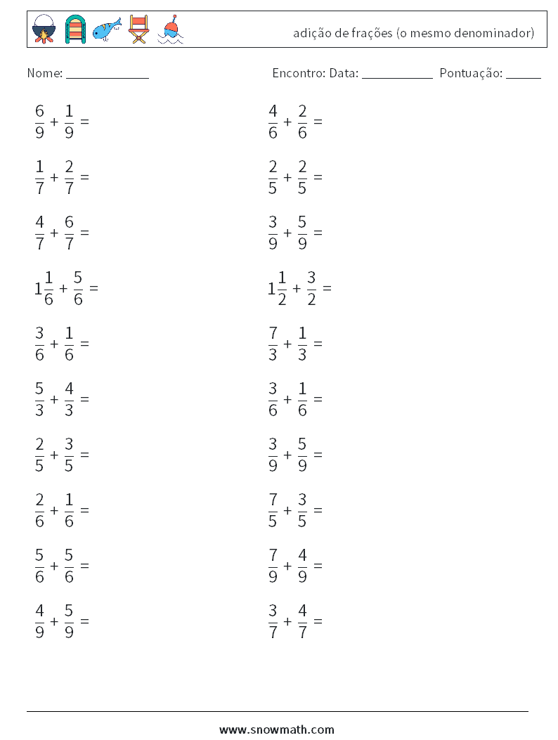 (20) adição de frações (o mesmo denominador) planilhas matemáticas 17