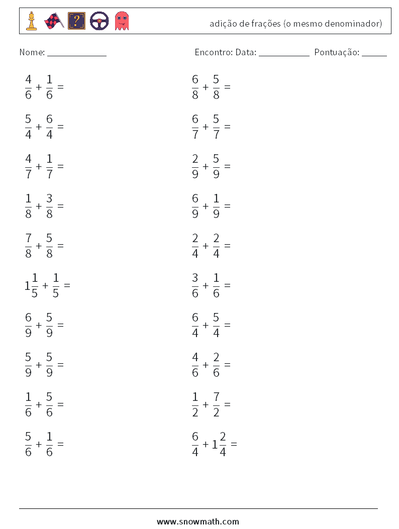 (20) adição de frações (o mesmo denominador) planilhas matemáticas 18
