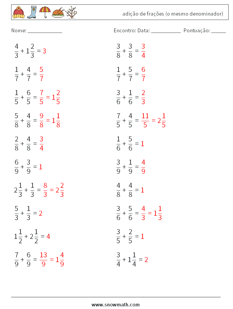(20) adição de frações (o mesmo denominador) planilhas matemáticas 1 Pergunta, Resposta