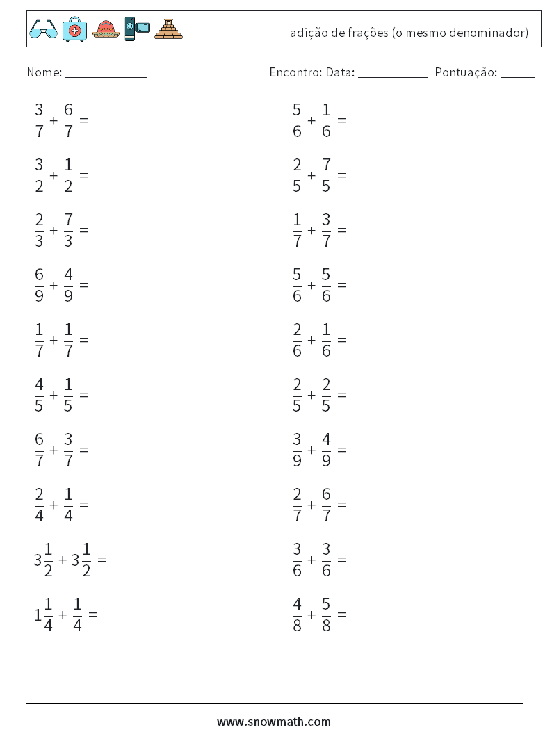(20) adição de frações (o mesmo denominador) planilhas matemáticas 2