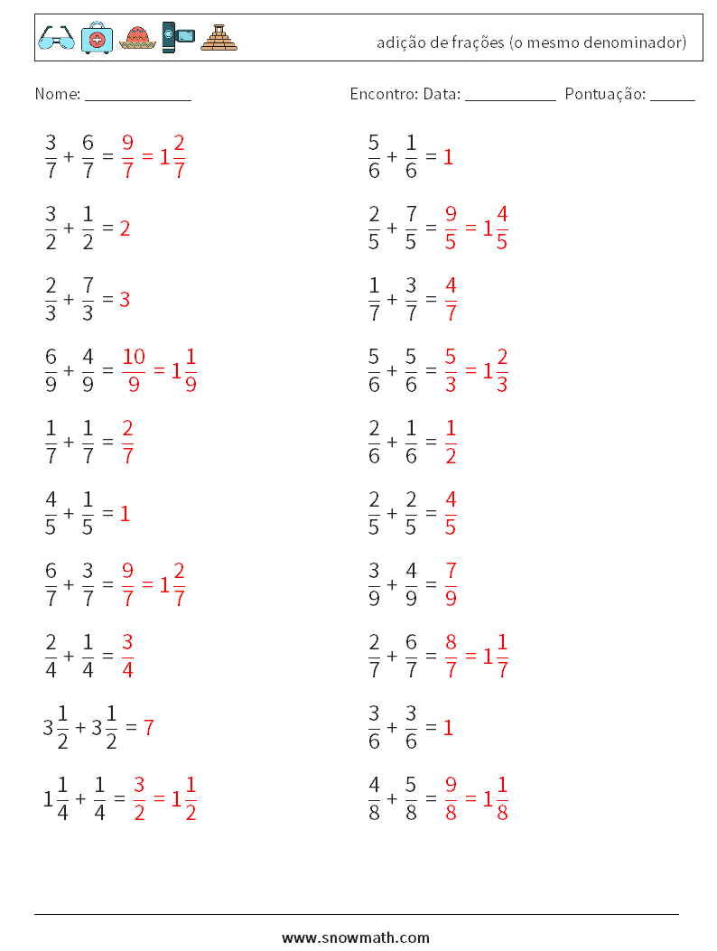(20) adição de frações (o mesmo denominador) planilhas matemáticas 2 Pergunta, Resposta