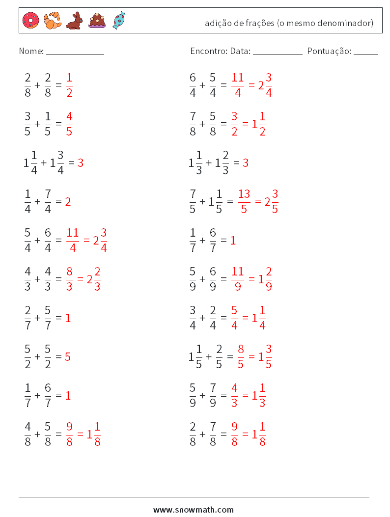 (20) adição de frações (o mesmo denominador) planilhas matemáticas 3 Pergunta, Resposta
