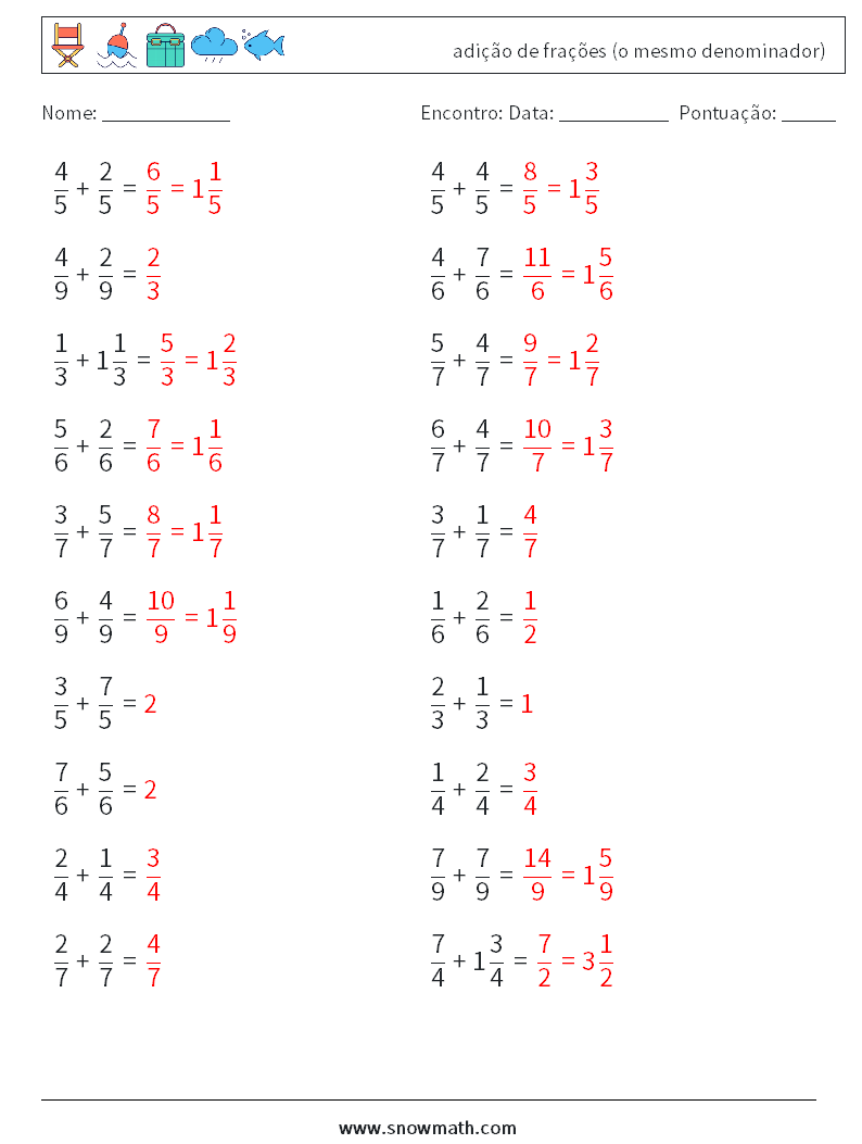 (20) adição de frações (o mesmo denominador) planilhas matemáticas 4 Pergunta, Resposta