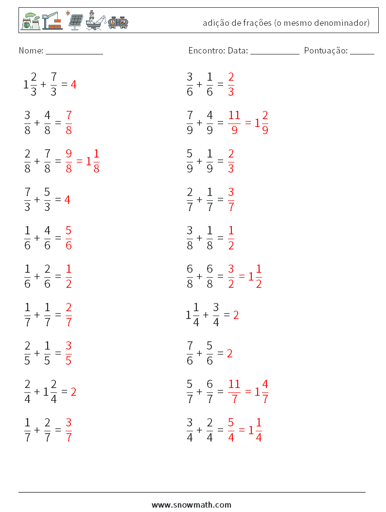 (20) adição de frações (o mesmo denominador) planilhas matemáticas 5 Pergunta, Resposta