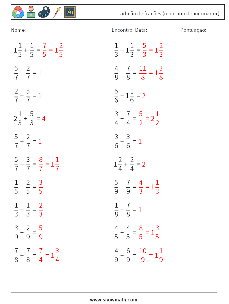(20) adição de frações (o mesmo denominador) planilhas matemáticas 6 Pergunta, Resposta