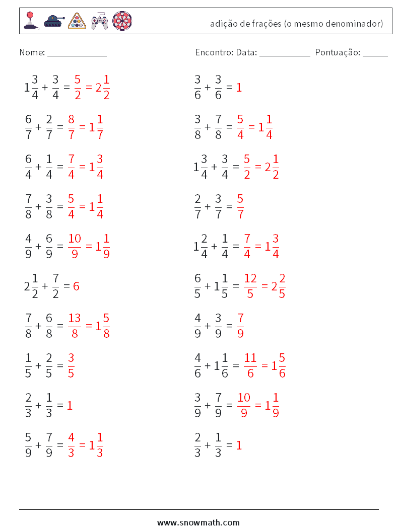 (20) adição de frações (o mesmo denominador) planilhas matemáticas 7 Pergunta, Resposta