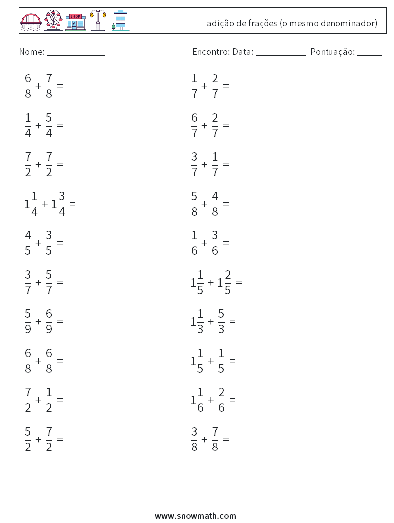 (20) adição de frações (o mesmo denominador) planilhas matemáticas 8