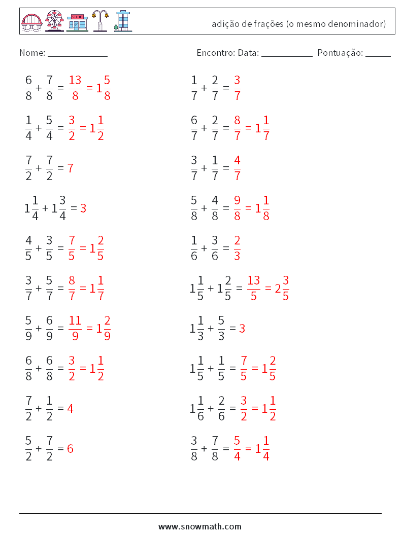 (20) adição de frações (o mesmo denominador) planilhas matemáticas 8 Pergunta, Resposta