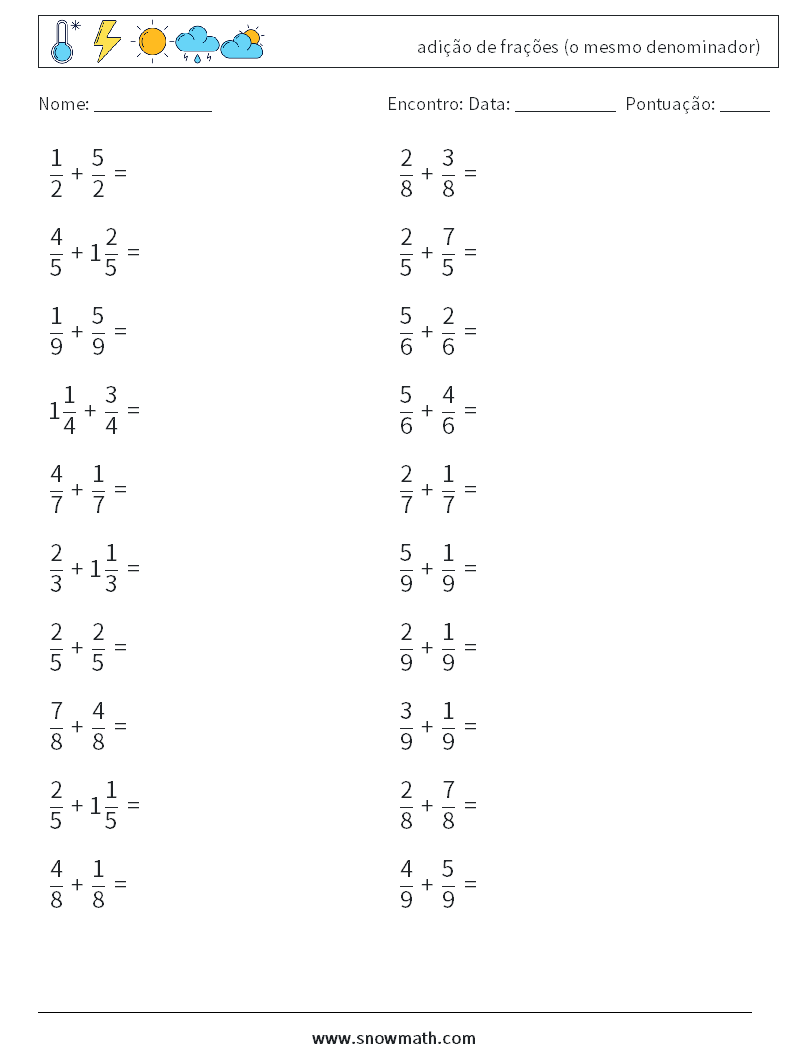 (20) adição de frações (o mesmo denominador) planilhas matemáticas 9