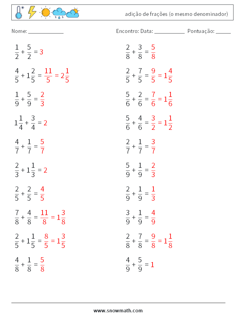 (20) adição de frações (o mesmo denominador) planilhas matemáticas 9 Pergunta, Resposta
