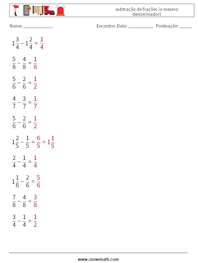 (10) subtração de frações (o mesmo denominador) planilhas matemáticas 16 Pergunta, Resposta