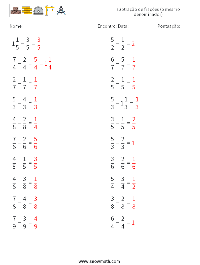 (20) subtração de frações (o mesmo denominador) planilhas matemáticas 2 Pergunta, Resposta