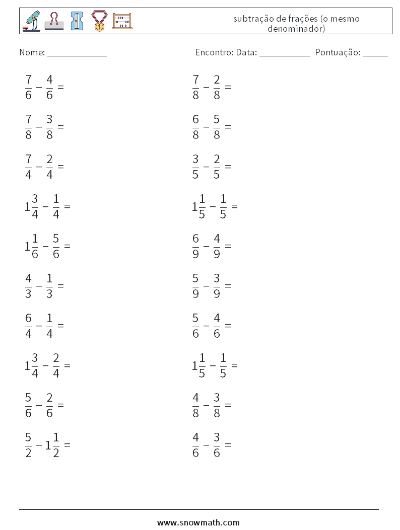 (20) subtração de frações (o mesmo denominador) planilhas matemáticas 5