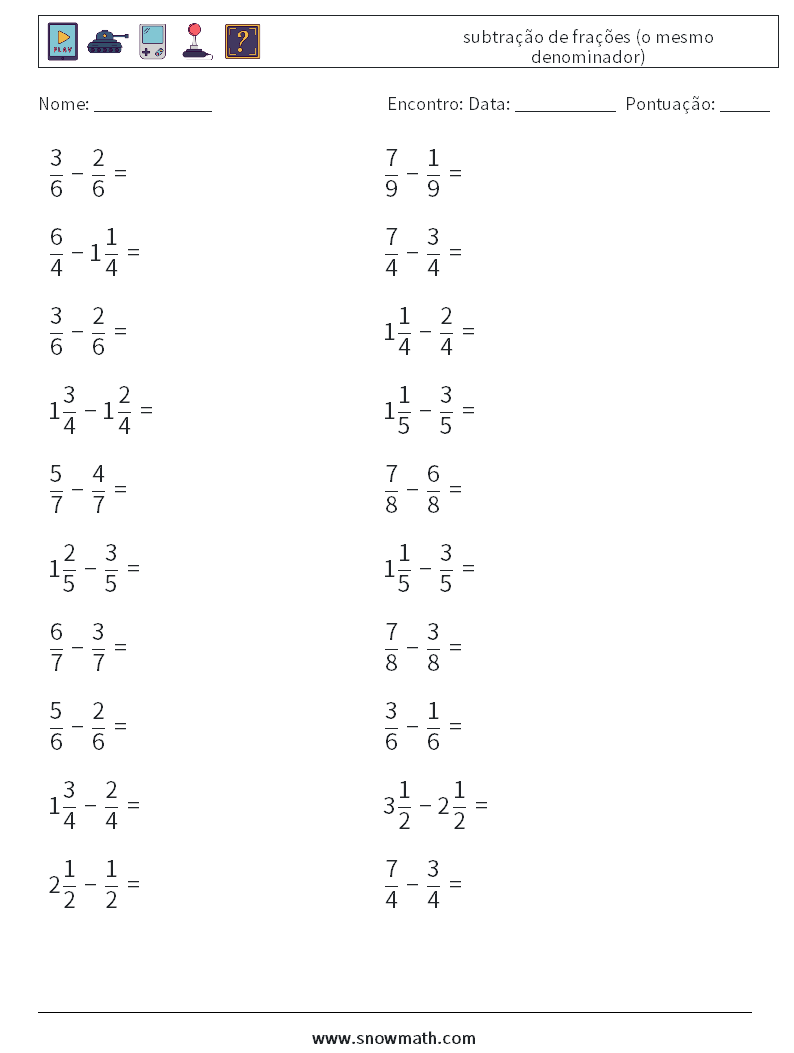 (20) subtração de frações (o mesmo denominador) planilhas matemáticas 6