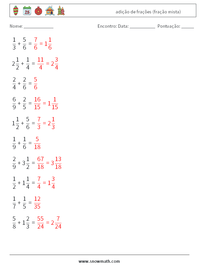 (10) adição de frações (fração mista) planilhas matemáticas 12 Pergunta, Resposta