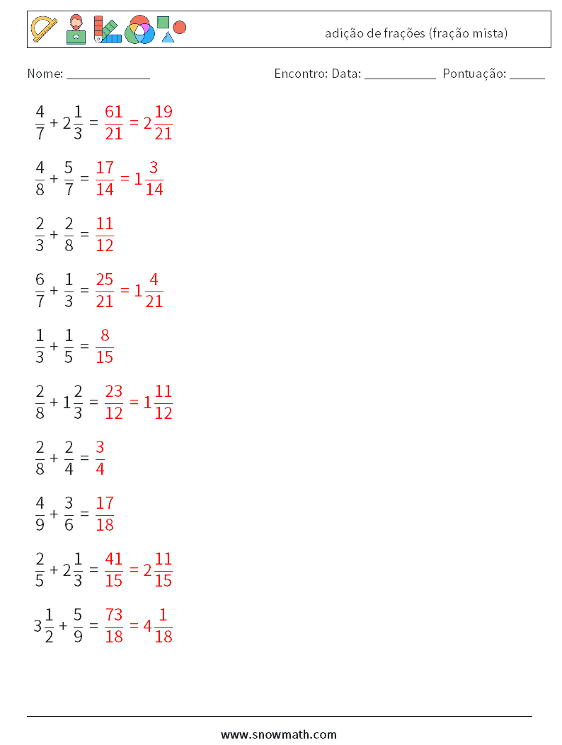 (10) adição de frações (fração mista) planilhas matemáticas 13 Pergunta, Resposta