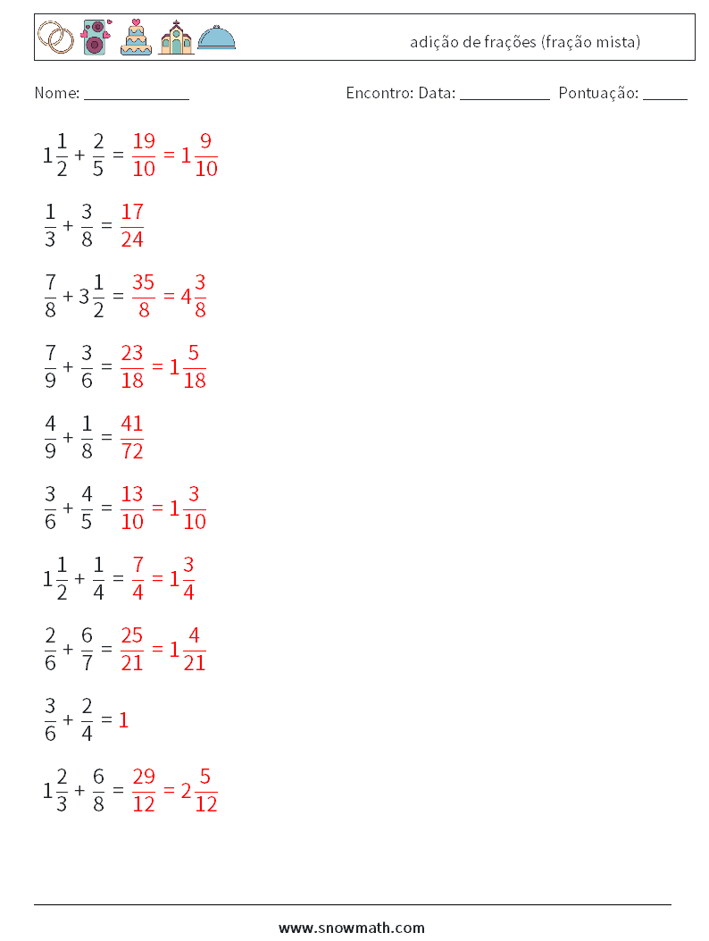 (10) adição de frações (fração mista) planilhas matemáticas 14 Pergunta, Resposta