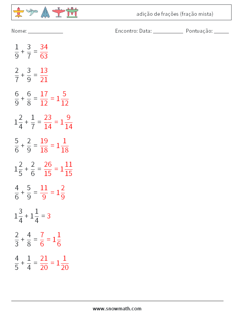 (10) adição de frações (fração mista) planilhas matemáticas 16 Pergunta, Resposta