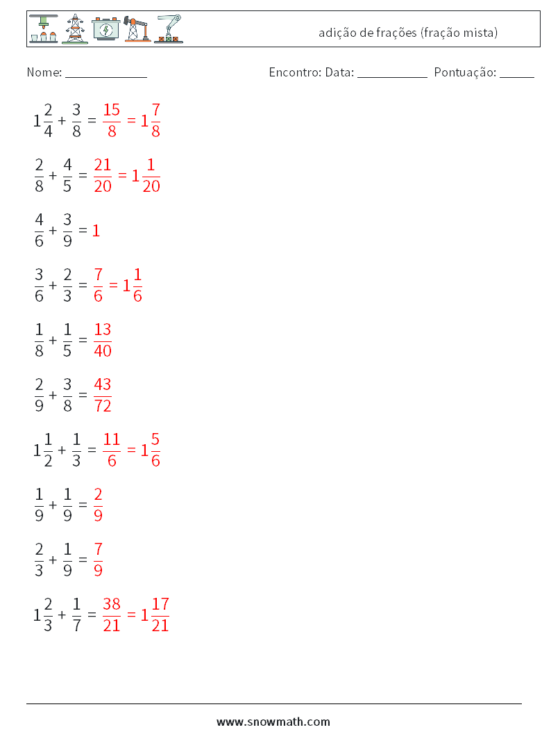 (10) adição de frações (fração mista) planilhas matemáticas 17 Pergunta, Resposta