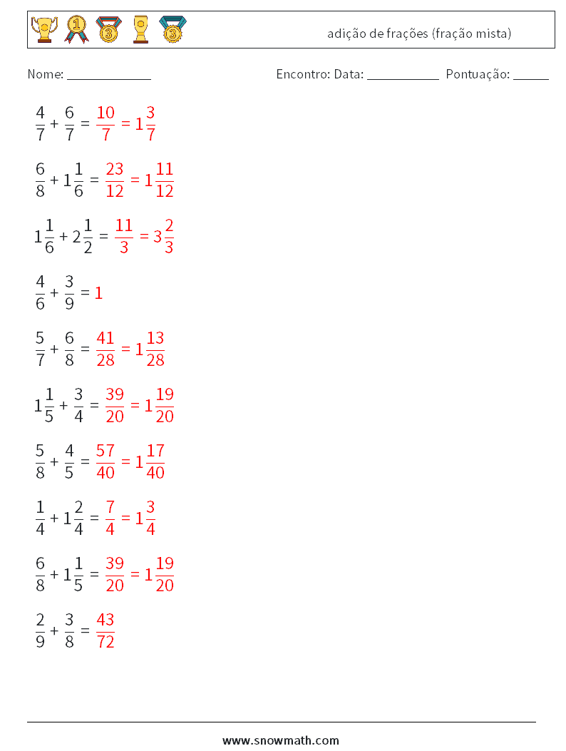 (10) adição de frações (fração mista) planilhas matemáticas 18 Pergunta, Resposta