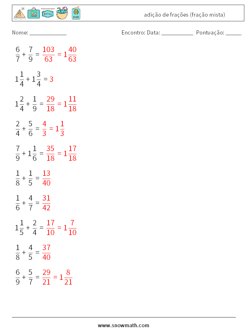 (10) adição de frações (fração mista) planilhas matemáticas 1 Pergunta, Resposta