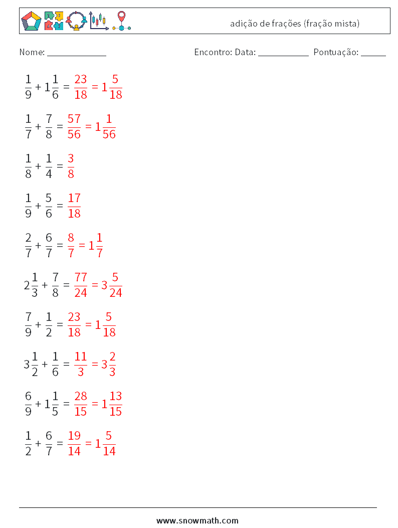 (10) adição de frações (fração mista) planilhas matemáticas 2 Pergunta, Resposta