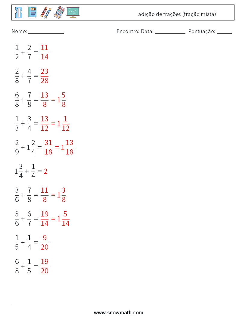 (10) adição de frações (fração mista) planilhas matemáticas 3 Pergunta, Resposta