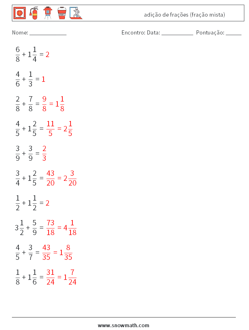 (10) adição de frações (fração mista) planilhas matemáticas 4 Pergunta, Resposta