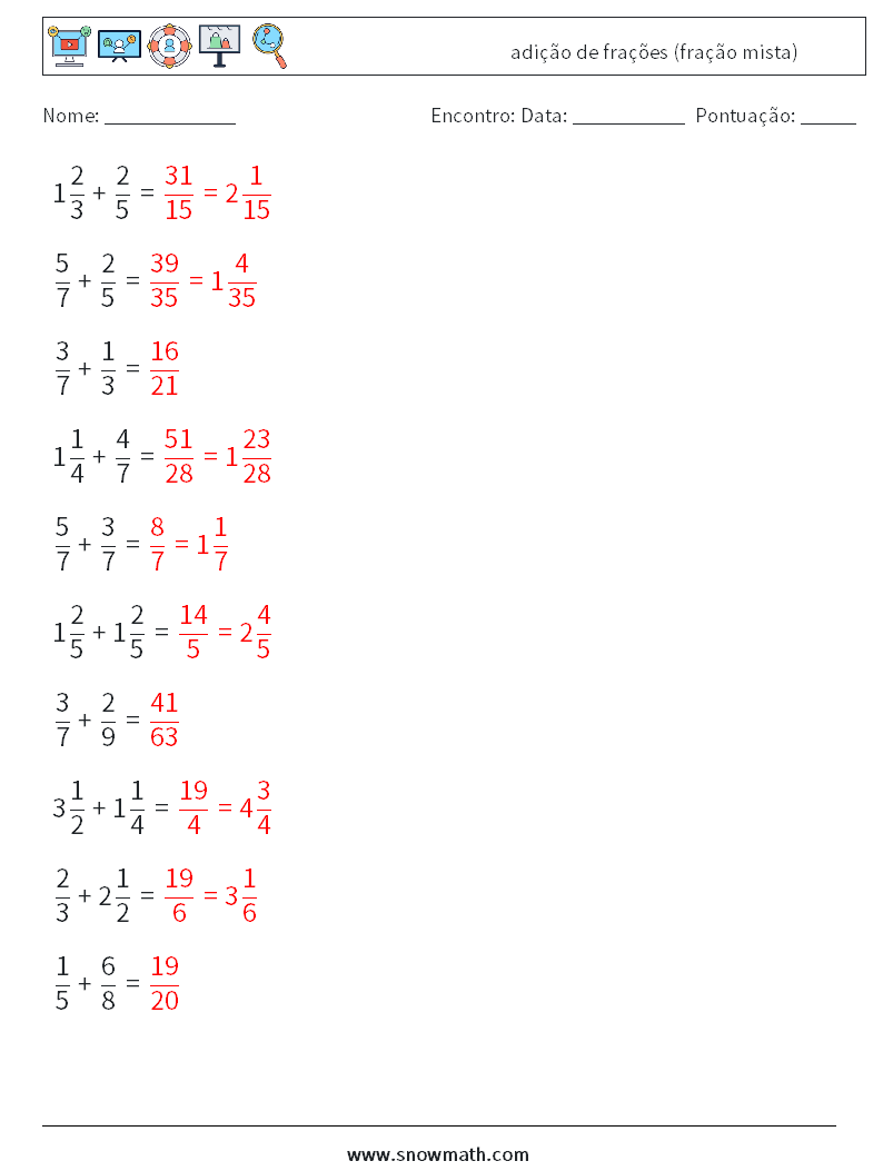(10) adição de frações (fração mista) planilhas matemáticas 5 Pergunta, Resposta