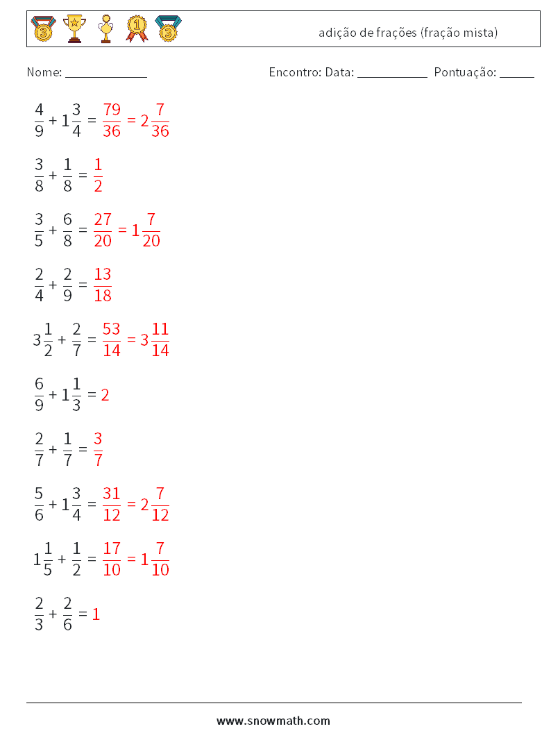 (10) adição de frações (fração mista) planilhas matemáticas 8 Pergunta, Resposta