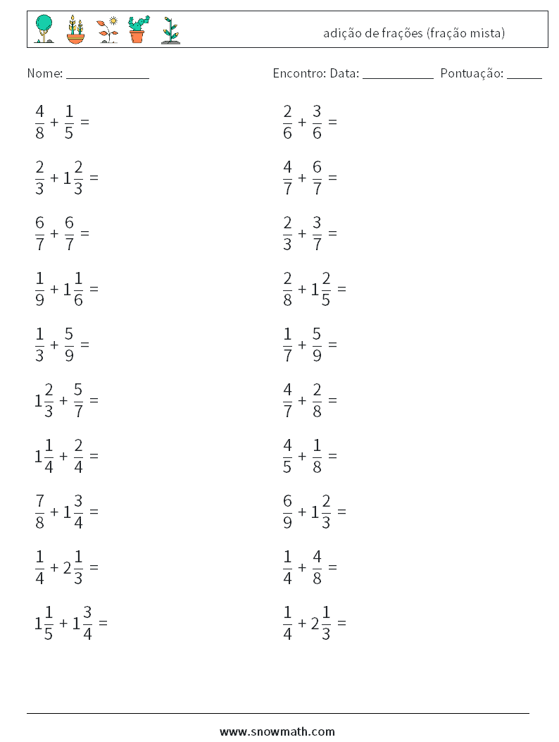 (20) adição de frações (fração mista) planilhas matemáticas 10
